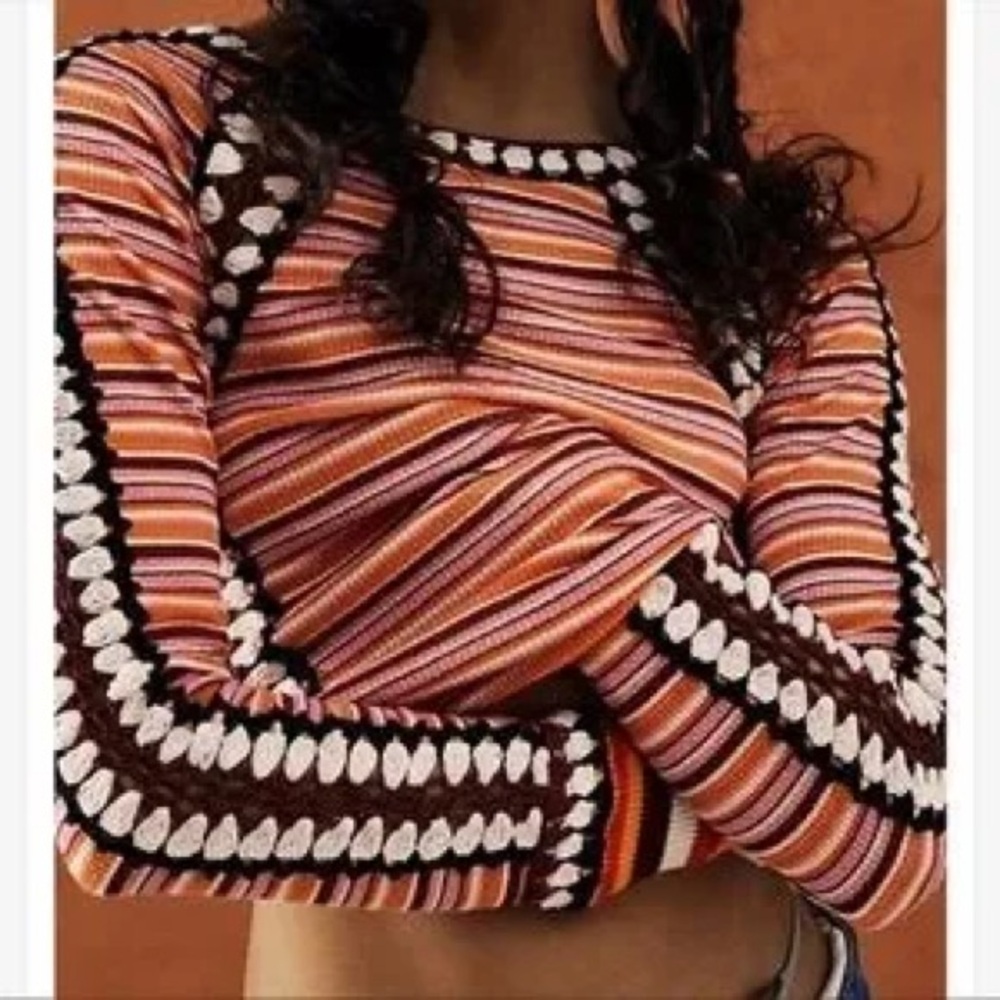 Free People Sunny Day Cuff Waffle Blouse With Crochet - Picture 2 of 9